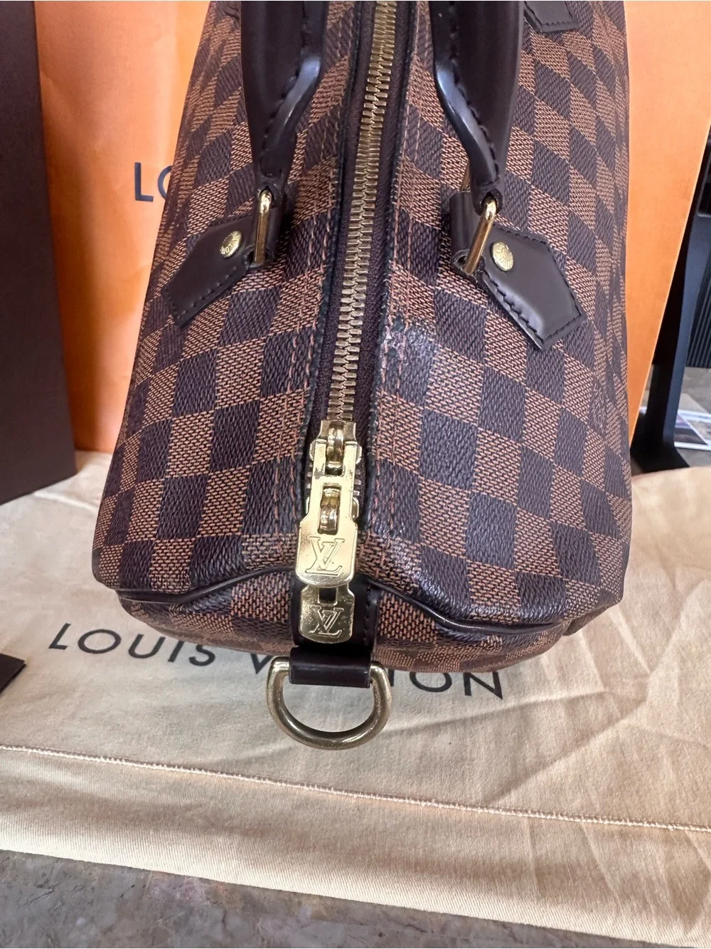 Louis Vuitton Damier Ebene Satchel in Brown with Gold Hardware